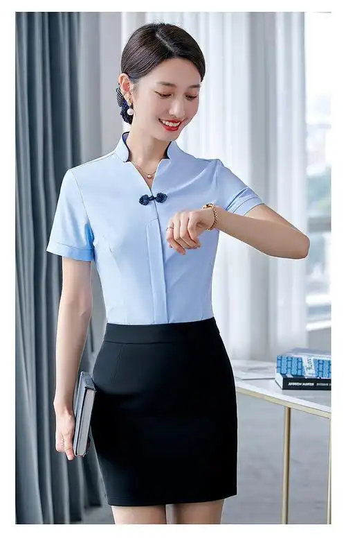 五星酒店服务员工作服夏装短袖白衬衫女夏季薄款气质大码白色职业衬衣