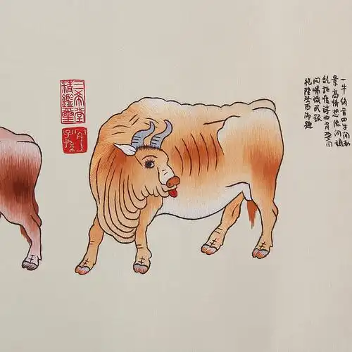 传统非遗刺绣装饰画 和五牛图一起过牛年