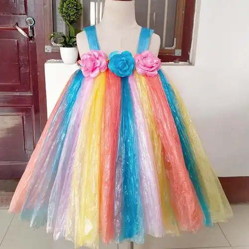 环保衣服儿童服装手工幼儿园时装秀亲子制作演出裙塑料袋走秀 粉黄红