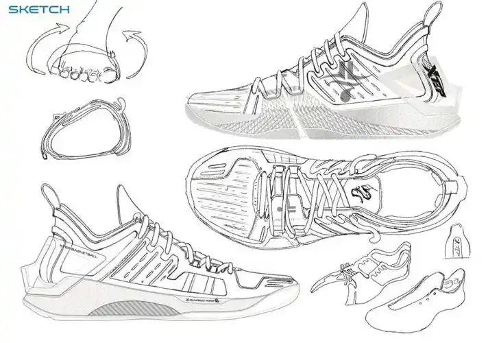 其中取消了前文的前掌覆面设计,取而代之的是鞋侧结构改进:手稿中jlin