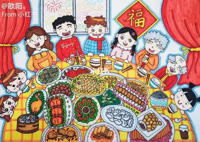 儿童画春节团圆年夜饭少儿创意美术线稿儿童画防疫居家绘,童心画春节