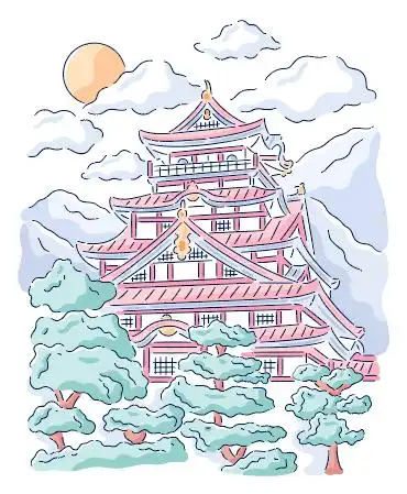 小清新手绘卡通日式楼阁矢量素材