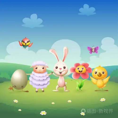 复活节兔子和朋友们在春天的景观背景上庆祝复活节和春蛋鸡羊花蝴蝶和