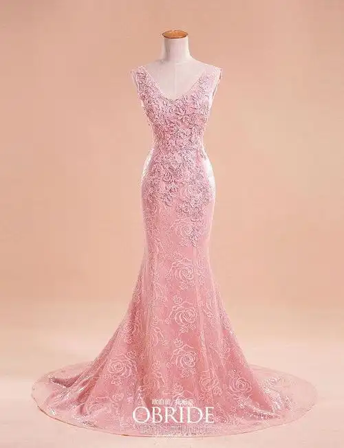 com]欧泊蕾甜美气质粉色v领绑带小拖尾敬酒服【购买请戳来源!】