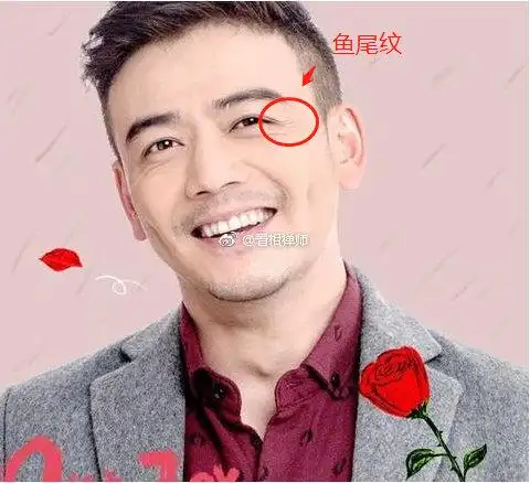 杨烁也是鱼尾纹,桃花纹很重的一个人,加上大卧蚕,眉压眼