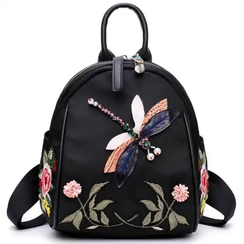 2019新款花朵刺绣双肩包手工水钻蜻蜓单肩背包休闲复古时尚书包 红色