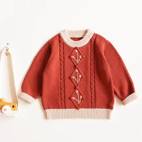 春秋新款儿童毛衣女童麻花针织毛衣女宝宝套头绣花花朵针织衫线衣