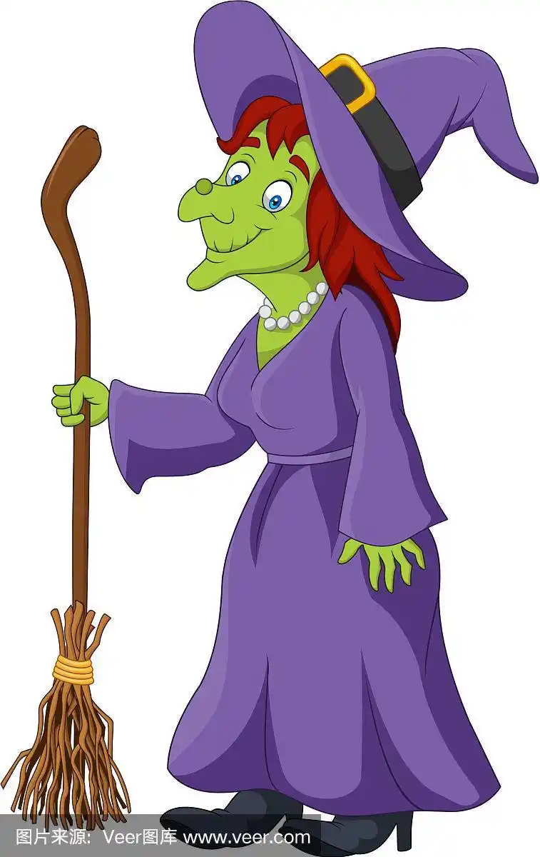 卡通女巫拿着扫帚