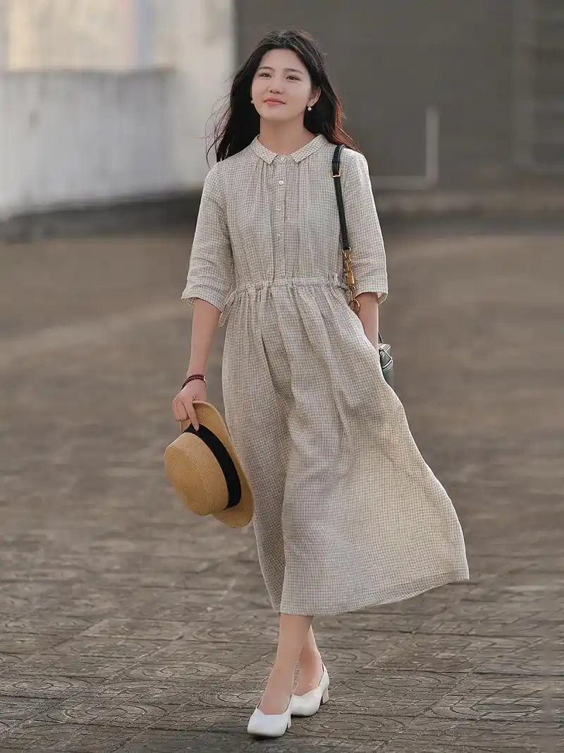 色织格子纹棉麻连衣裙女polo领文艺宽松.40 或将近40的 - 抖音