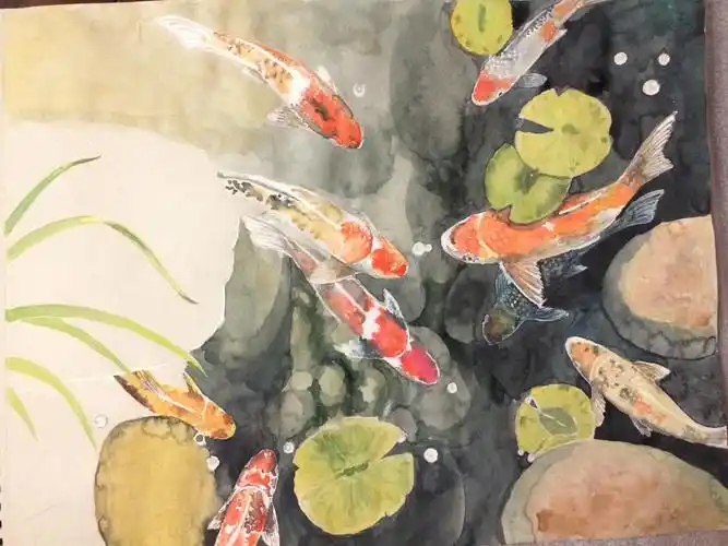 水彩鱼1九福锦鲤图