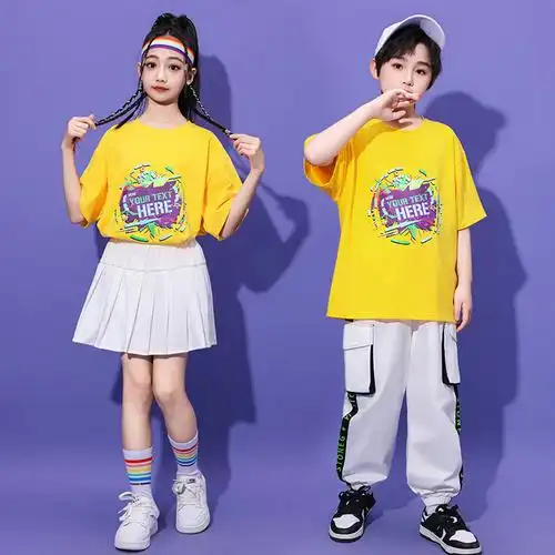 小学生运动会演出服儿童街舞服装男童嘻哈宽松短袖女孩爵士舞潮服-阿