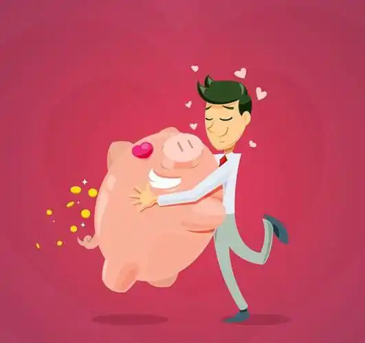 创意拥抱小猪储蓄罐的男子矢量素材,存钱,储蓄