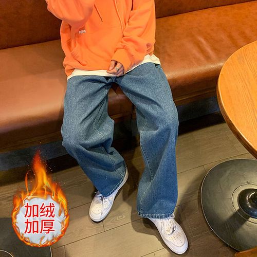 配高帮帆布鞋搭马丁靴的可卷裤脚牛仔裤牛仔裤男加绒加厚秋冬季宽松