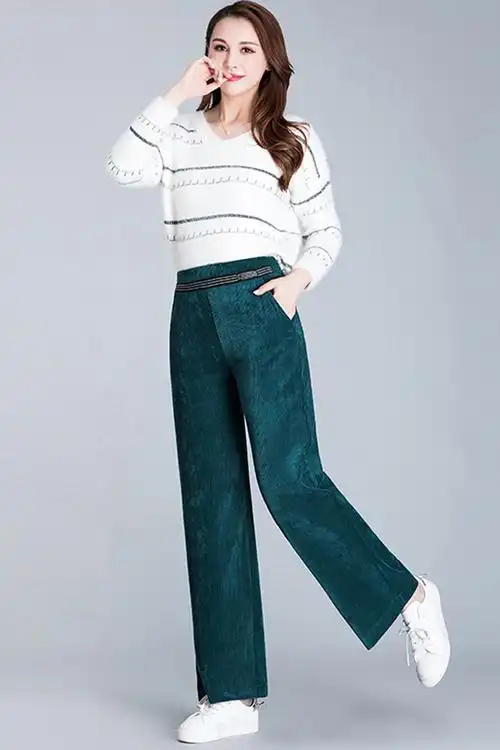 中年妈妈阔腿裤秋冬新款高腰垂坠感宽松显瘦直筒金丝条大码裤子