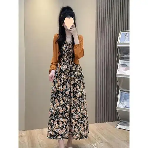 夏季新款法式碎花吊带连衣裙晒开衫两件套时尚显瘦复古套装裙子