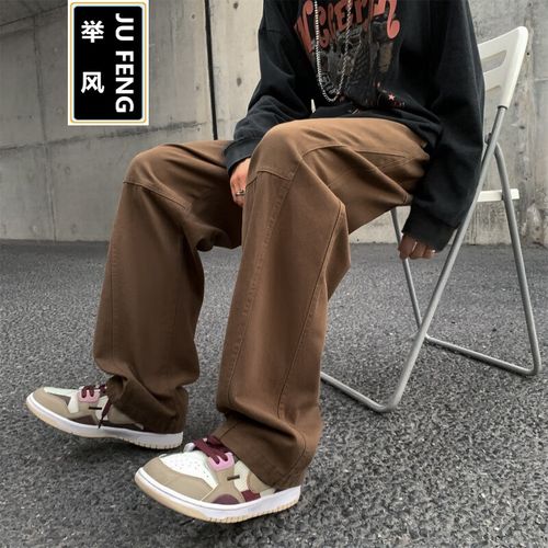 boy系绳工装裤男秋季潮牌复古大码裤子男宽松直筒阔腿休闲裤男 深棕色