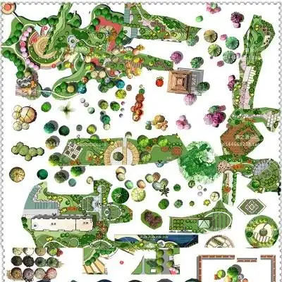 园林景观彩平图psd素材 室外植物假山凉亭花坛小品彩色平面图a1
