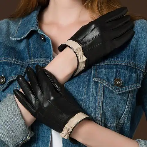 山羊皮蝴蝶结秋冬季触屏真皮手套女士薄款加绒保暖皮手套女式时尚