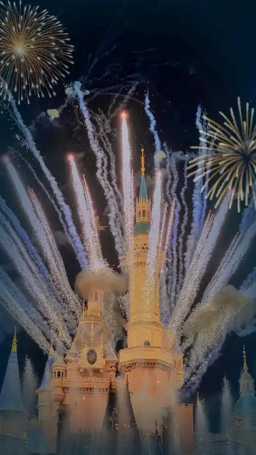 夜晚迪士尼城堡的灯光烟花秀,视觉盛宴