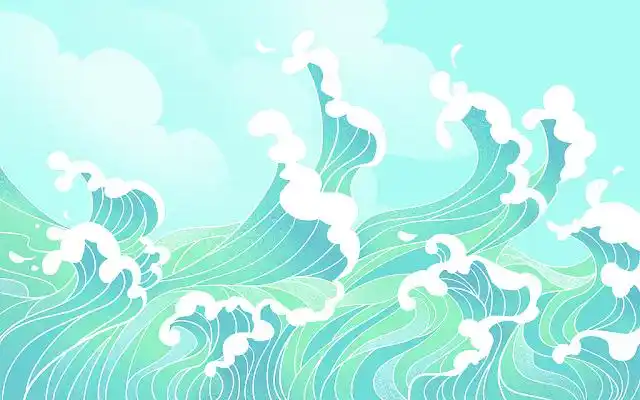 海洋海浪卡通插画风景海水浪花蓝天白云清新蓝色