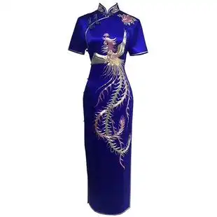 旗袍重磅真丝刺绣宴会演出走秀 老上海高端定制手工盘金绣凤凰长款