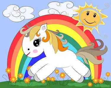 小太阳花一匹白色的小卡通马,骑在草地上,有彩虹,花,太阳.卡卡照片
