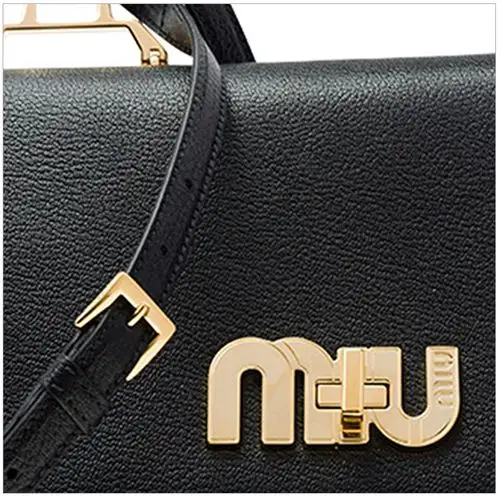 miu miu 缪缪 18新品女士黑色牛皮miu logo手提包单肩斜挎包