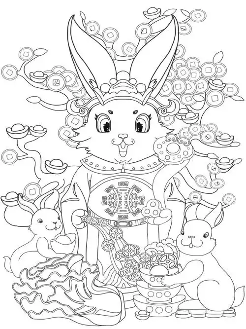 兔年国潮插画兔财神线稿