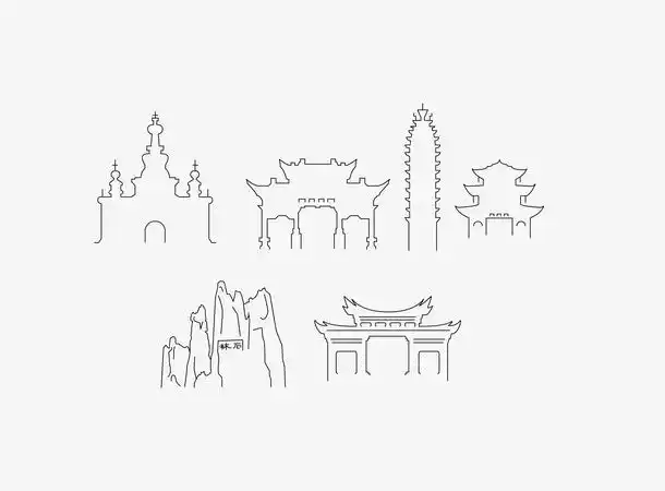 云南著名景点建筑线描