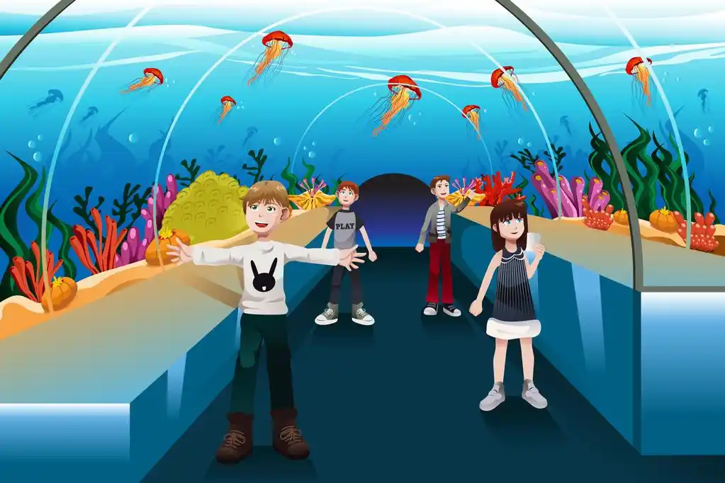 孩子们看着水母,孩子们看看在一个大的水族馆水母矢量图