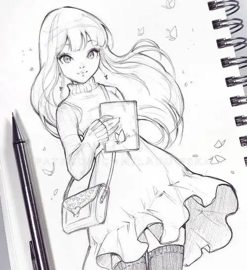 动漫少女黑白线稿素材,34张动漫人物线稿图,初学者临摹必备