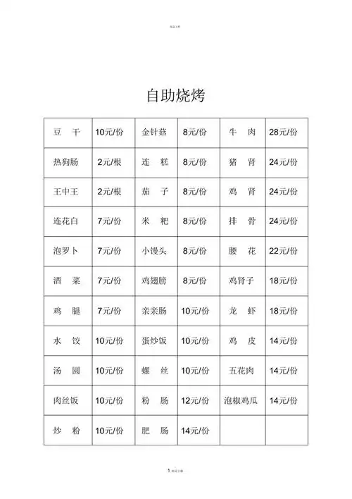 自助烧烤菜单