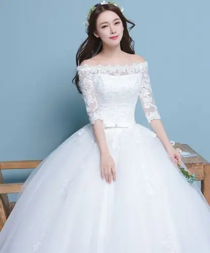 新娘婚纱-一字肩中袖齐地