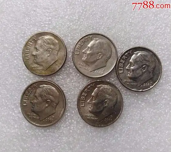 美国10美分十美分硬币流通好品5枚一起铜镍合金