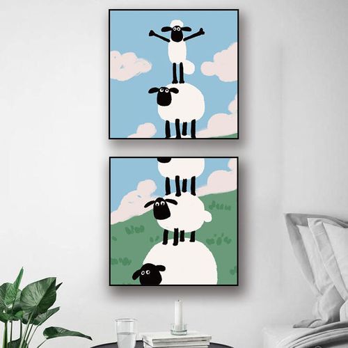 diy小羊肖恩数字油画一群小绵羊的牧场生活插画可爱手绘礼物挂画