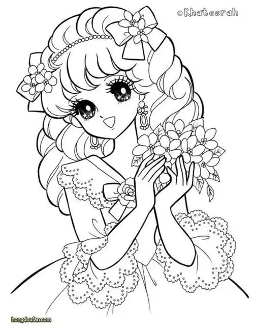 穿着樱花和服的漫画女生涂色填色图片大全