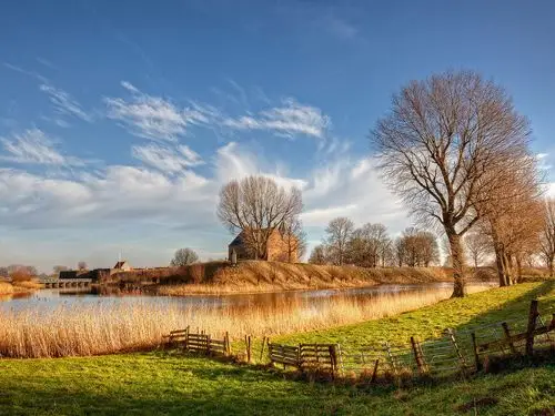 荷兰,河流,阳光,树木,草,房子 壁纸