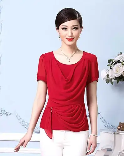 欧泰奇outaiqi大红色收腰皱褶圆领短袖上衣123703_唯品会