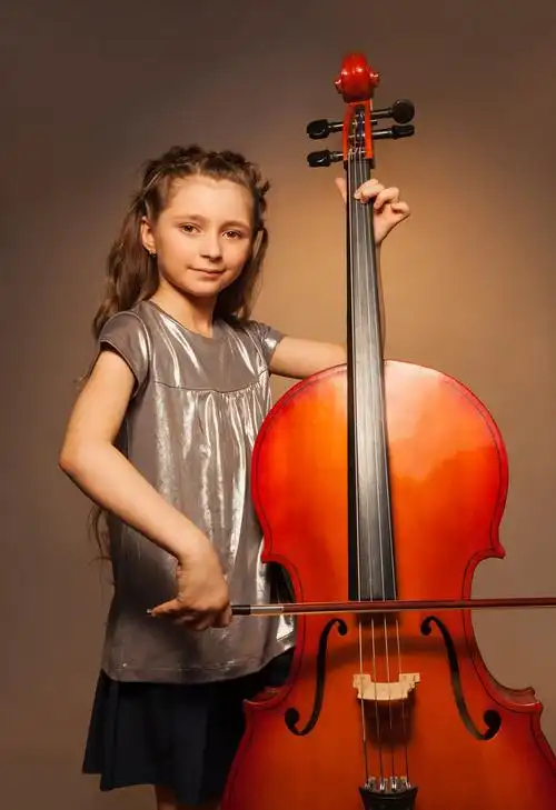 品位,女孩,拿着,大提琴,演奏,长发,上方,深色背景