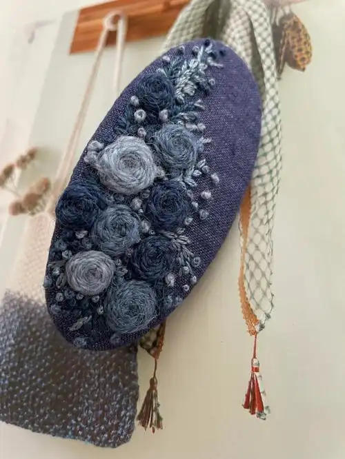 羊毛线棉线玫瑰刺绣发夹