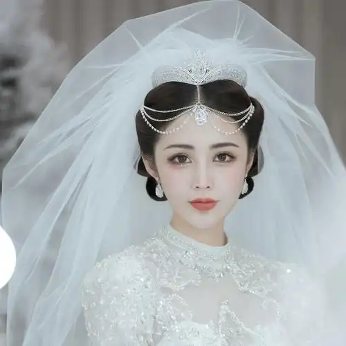 头纱主婚婚纱头饰新娘高级皇冠三件件套仙气发饰