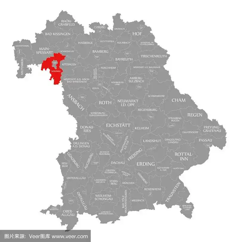 德国巴伐利亚州地图上的维尔茨堡县