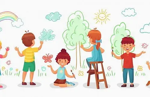 彩色手绘涂鸦风格正在绘画描绘蓝图的卡通小朋友图片免抠矢量图