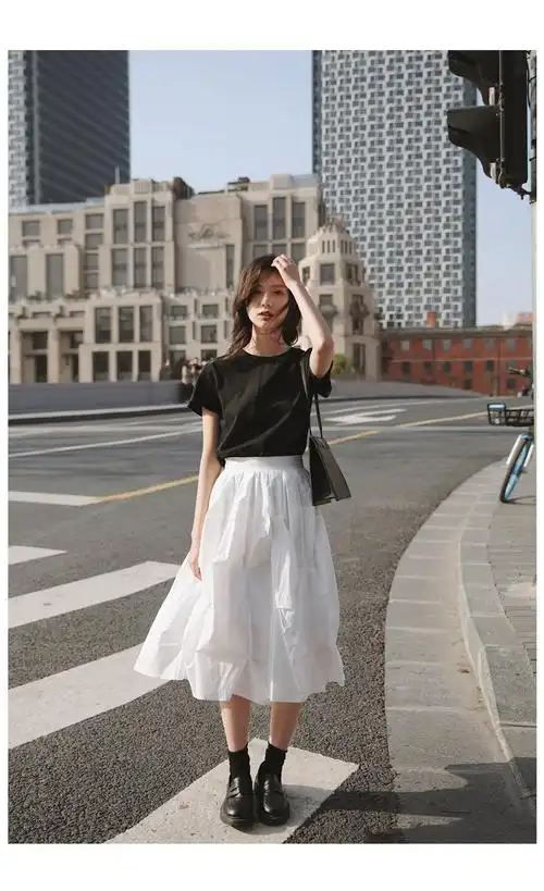 小诺定制花苞半身裙2022春秋裙子女夏a字白色高腰中长款小个子裙seus