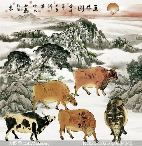 五牛图装饰背景画设计psd素材_大图网图片素材