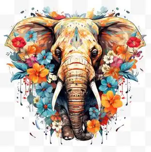 大象ai花朵手绘元素立体免扣图案