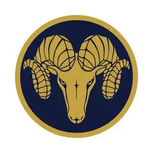 签上金头公羊在白色背景上隔离的蓝色圆圈中的图标.符号 argali.