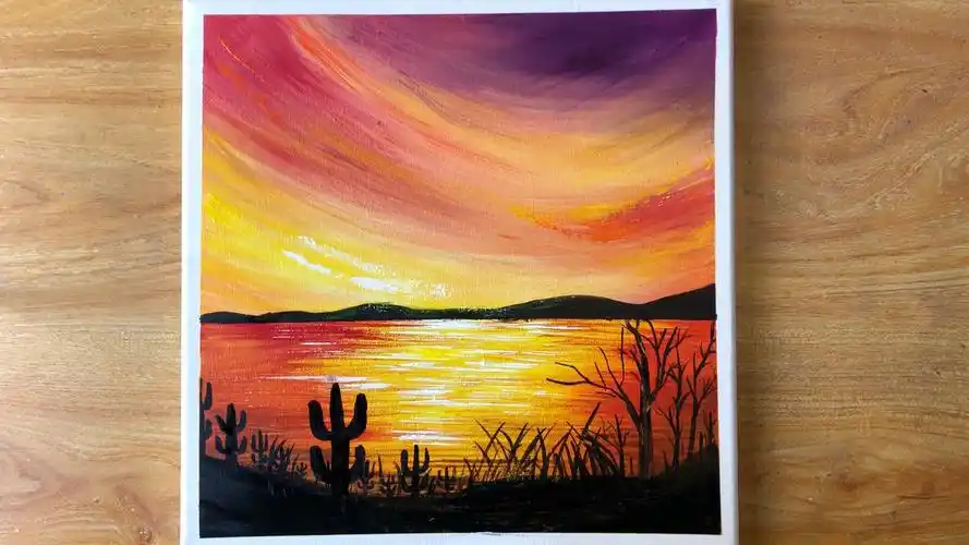 丙烯画/多彩夕阳美景/初学者绘画入门教程/简单风景画#绘画教程 #风景