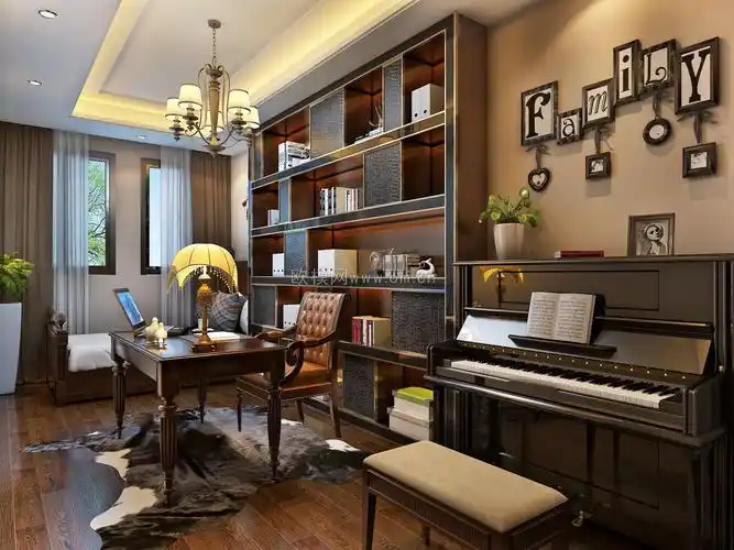 欧式书房书桌书架钢琴组合3d模型