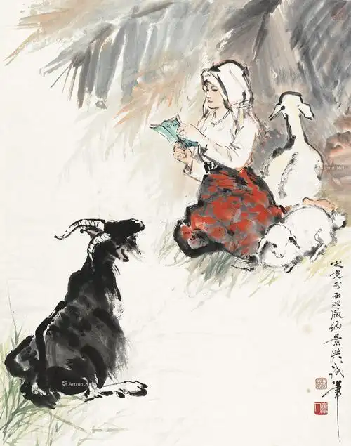 0805牧羊姑娘立轴设色纸本